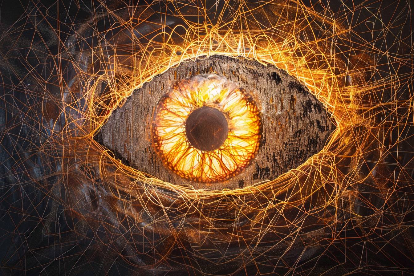 String Art Surrealism artwork featuring a glowing, pulsing orb that represents the honey colored eye iris, with threads that appear to emanate from it, weaving a complex pattern of thoughts and emotions