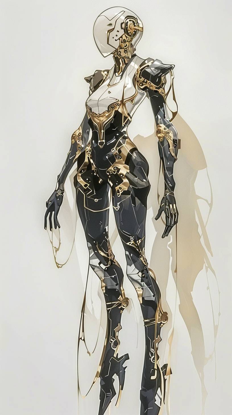 新川洋司による女性サイボーグキャラクターデザインは、複雑でエレガントで、和ビサビのようなゴールドの脈絡が全体に広がっています -- アスペクト比 9:16 -- バージョン 6.0