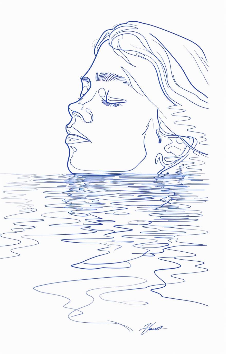 a simple blue line illustration on white background, reflection of a person in water --ar 9:14 --v 6.0