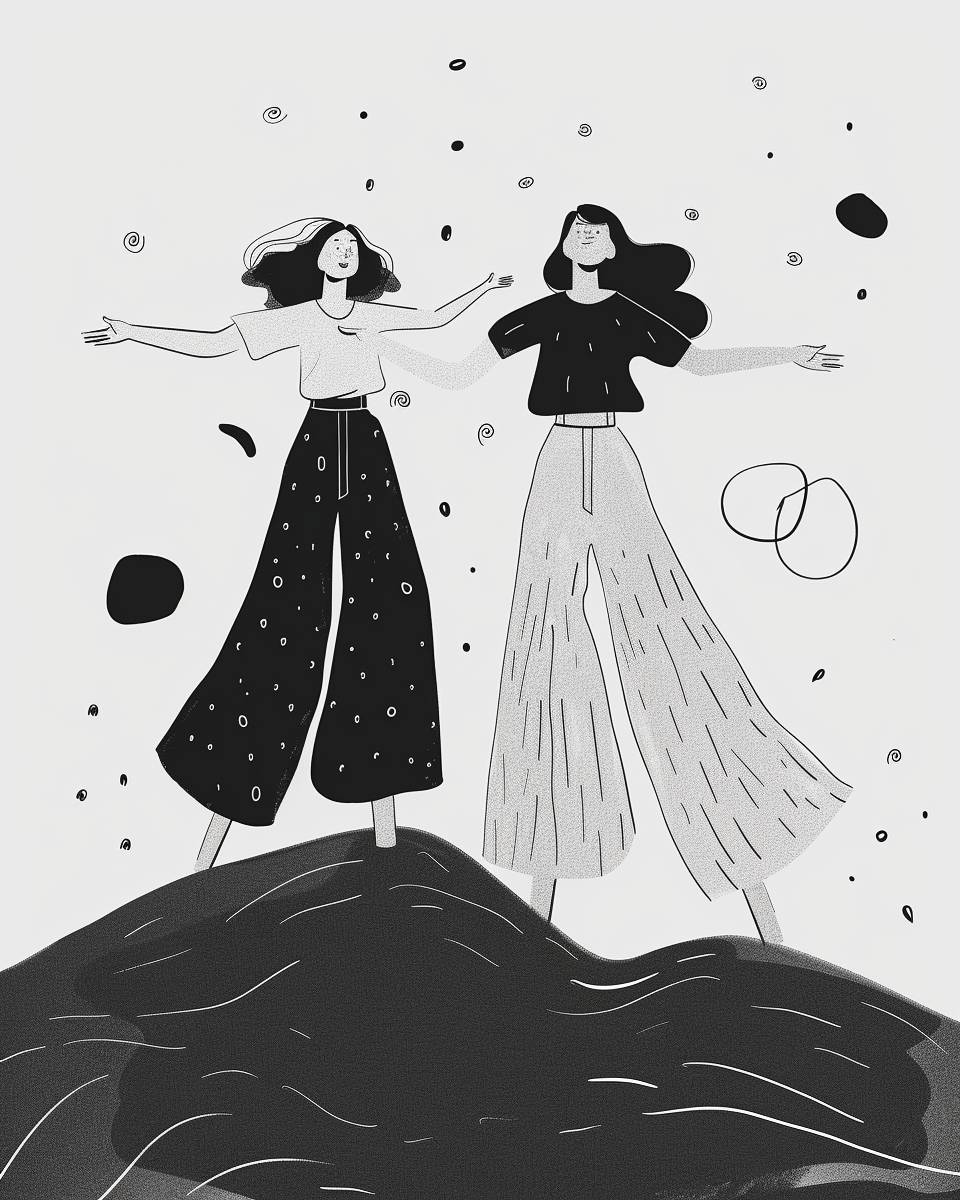 Two women with spreading and welcoming arms standing on the mild hill, representing friendship and solidarity, full body, dressed in wide pants, a little abstract shapes floating around, 2D corporate minimal, corporate flat, outlined, monochromatic, textured illustration --no background, gradients --ar 4:5  --v 6.0