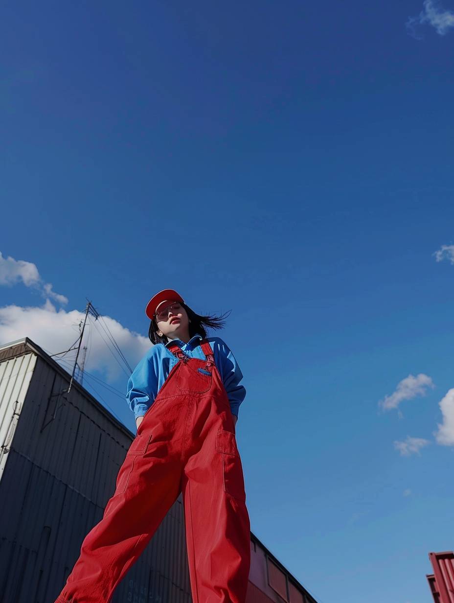 A Korean beauty in bright red baggy overalls and blue sneakers stands confidently under a clear blue sky with a few white clouds in the sky against a backdrop of industrial buildings, bright colors, and natural sunlight.