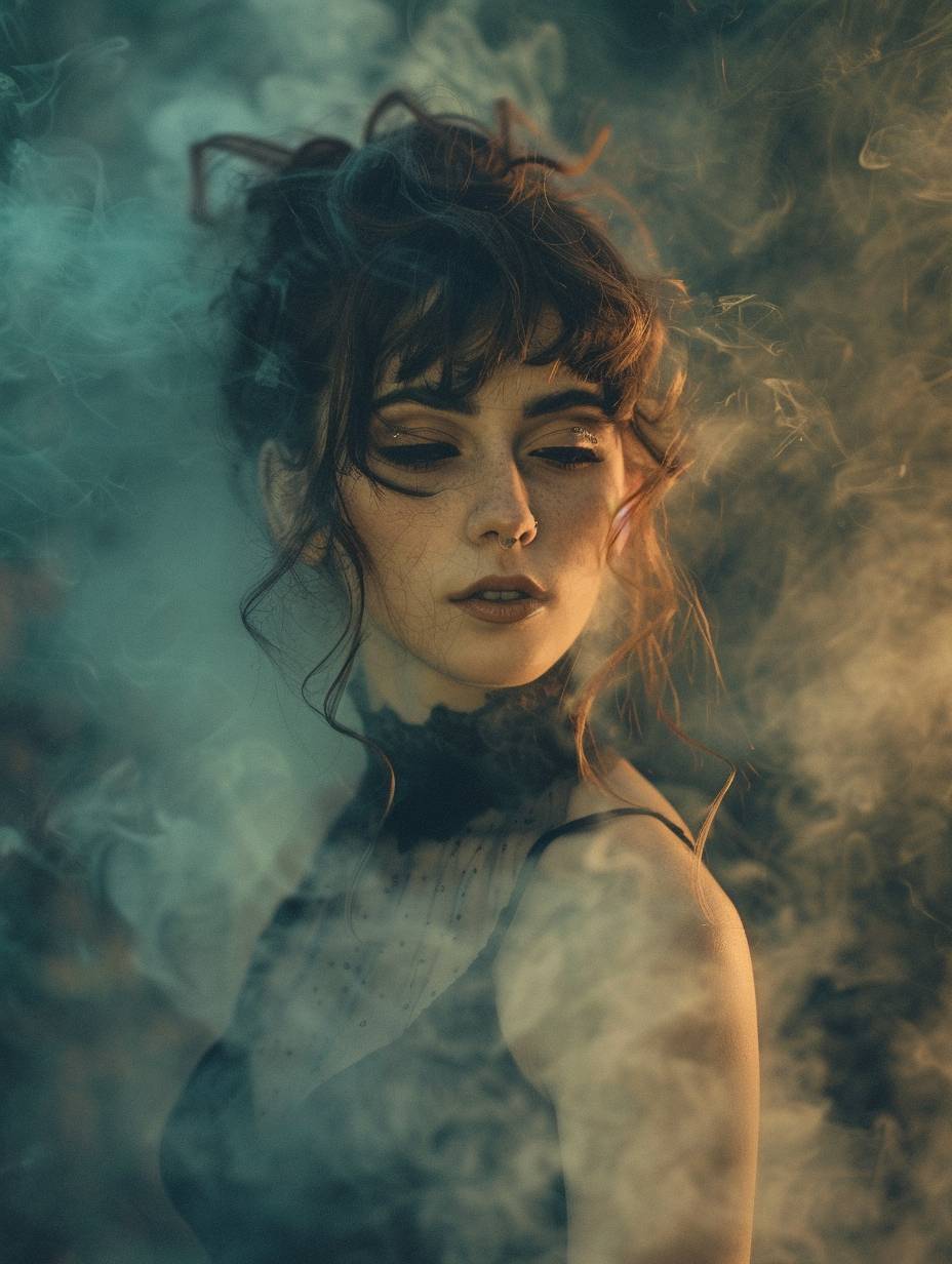 Portrait of a young, stunning woman in Ephemeral Midnight Smoke style