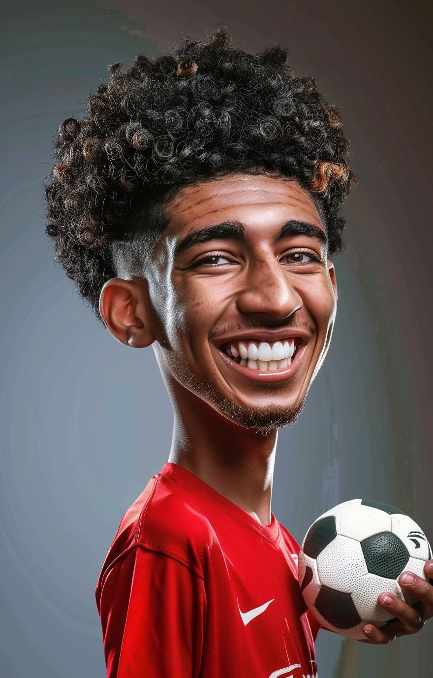 Photorealistic Jude Bellingham playing soccer, smiling, big head caricature