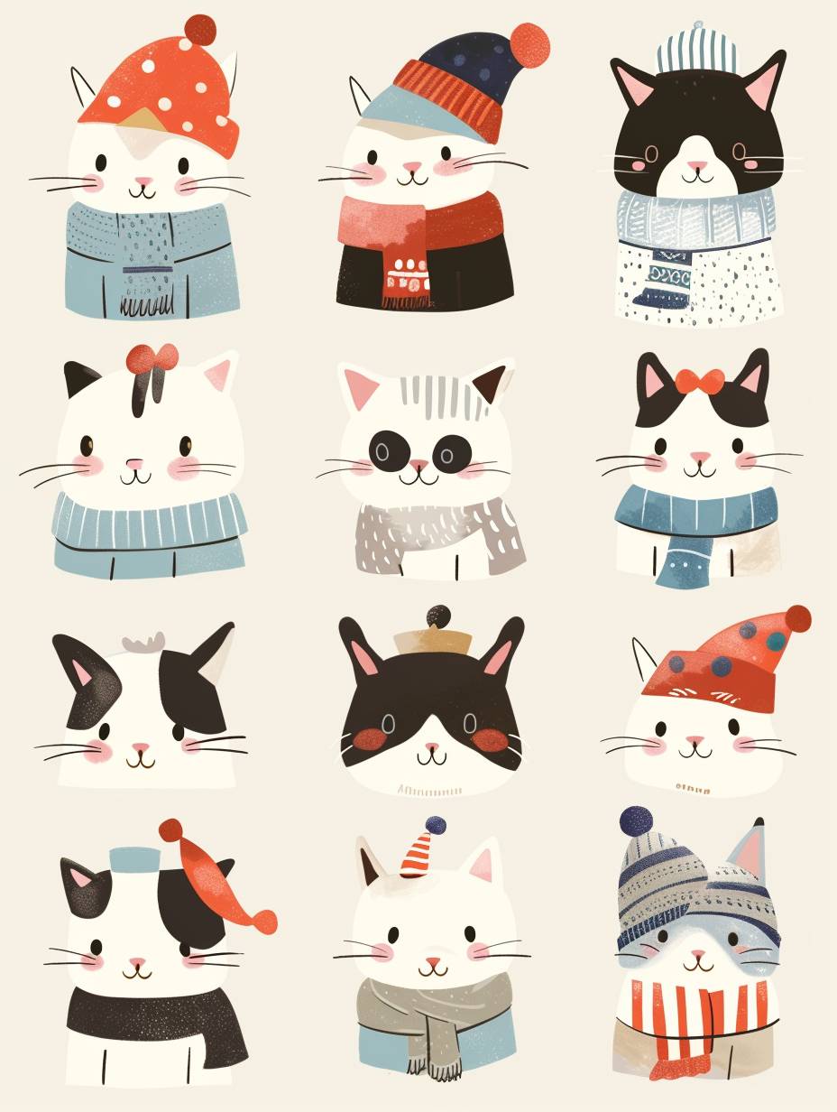 A grid of cartoon cattle wearing different outfits, such as hats and scarves, arranged in rows on the page. The illustration style is cute with soft colors and simple shapes. Each cat has an expression that reflects its character or mood, from happy to sad. There's space between each row for more characters if there were many cats wearing various. This design would be suitable for a sticker sheet where they could become part of your daily makeup routine.