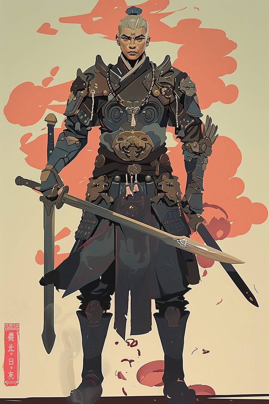 In style of Zhang Xiaogang, warrior character, full body, flat color illustration