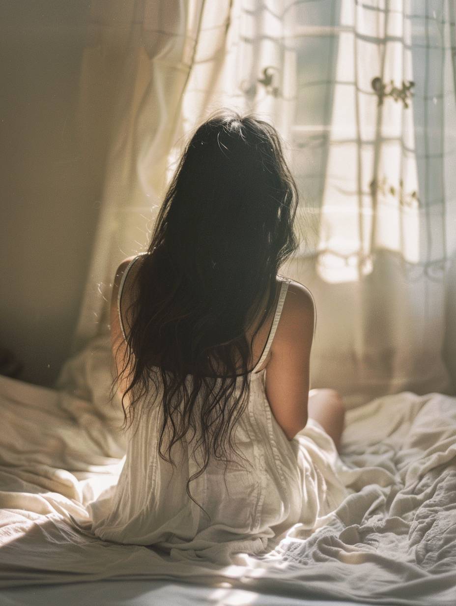 Photo of a woman with her back to the camera, sitting on the edge of the bed, she has long dark hair, wearing a white linen dress, shot from behind, with small window light shining through, soft film photography.