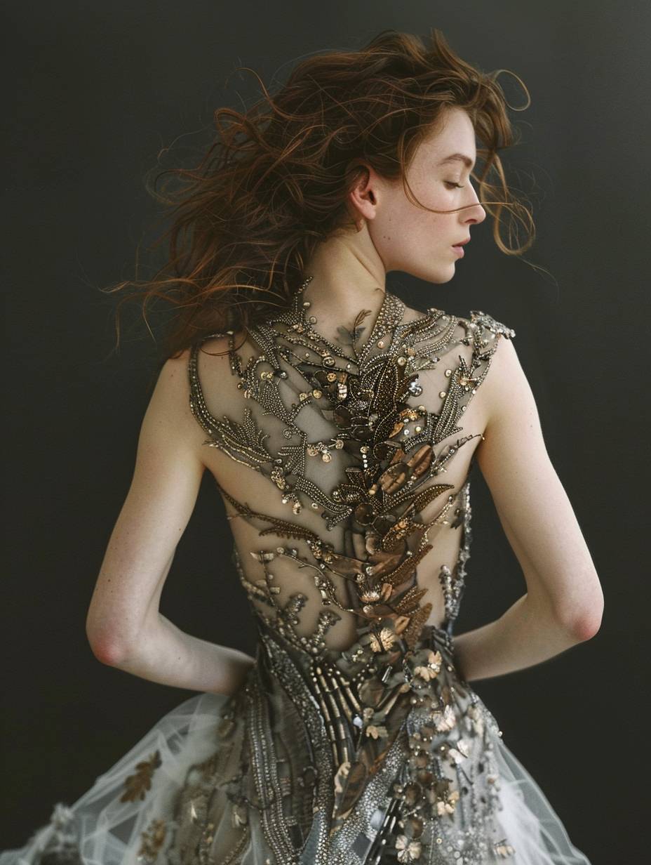A young, stunning woman wearing a dress made of intricate Metal Matrix Composites