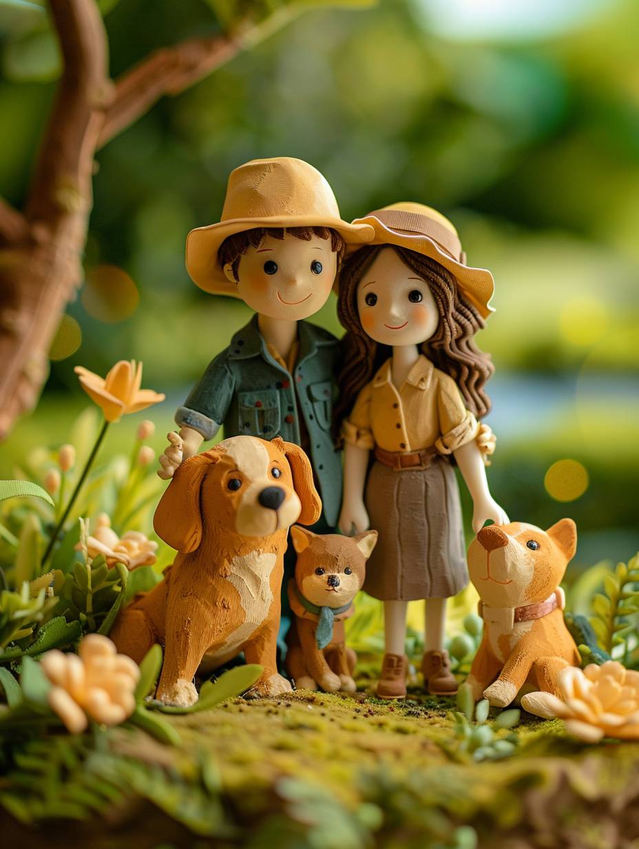 可愛い若いカップルが犬と一緒に芝生で遊んでいる、カジュアル、季節は夏、オブジェクトとシーンは粘土でできており、粘土の質感がある、ストップモーションスタイル。