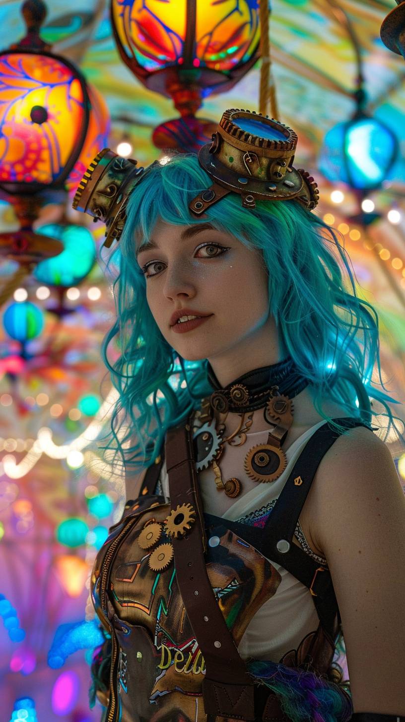 Medium shot of a young woman with bright blue hair, dressed in a steampunk outfit adorned with metallic gears, standing in a brightly lit room filled with colorful abstract art