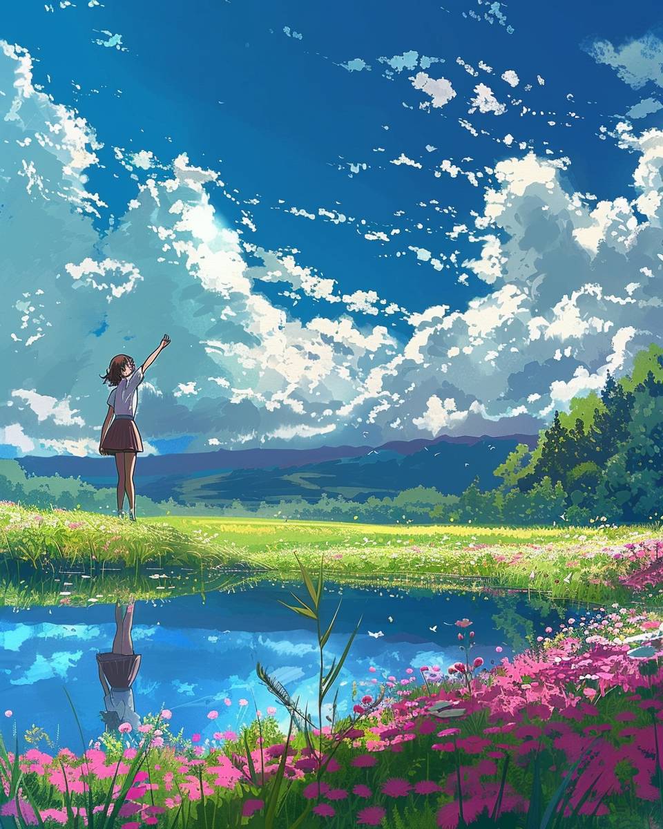 Digital anime art of a person posing with their hands in the sky, near a big field of grass with a pond, in the style of cartoon anime, wide open landscape with beautiful landscapes, next to a pond, big open sky with patches of clouds, in the style of 90's anime, beautiful blue skies, in the style of studio ghibli anime, beautiful multi color palette, celebration of rural life, colorful skies, colors of summer, pink flowers covering the ground Hayao Miyazaki ghibli style, comic book action art, Ghibli anime style art, cartoon style anime art, 90’s anime comic, manga