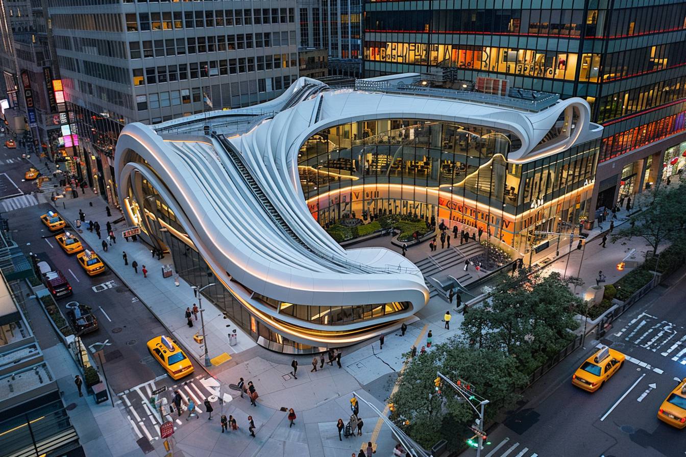 The entrance to the Grand Central Harlem Station is a white, winding shape, in the style of Santiago Calvatrava, with a bird's-eye view of floating structures, extravagant settings, and stripes.