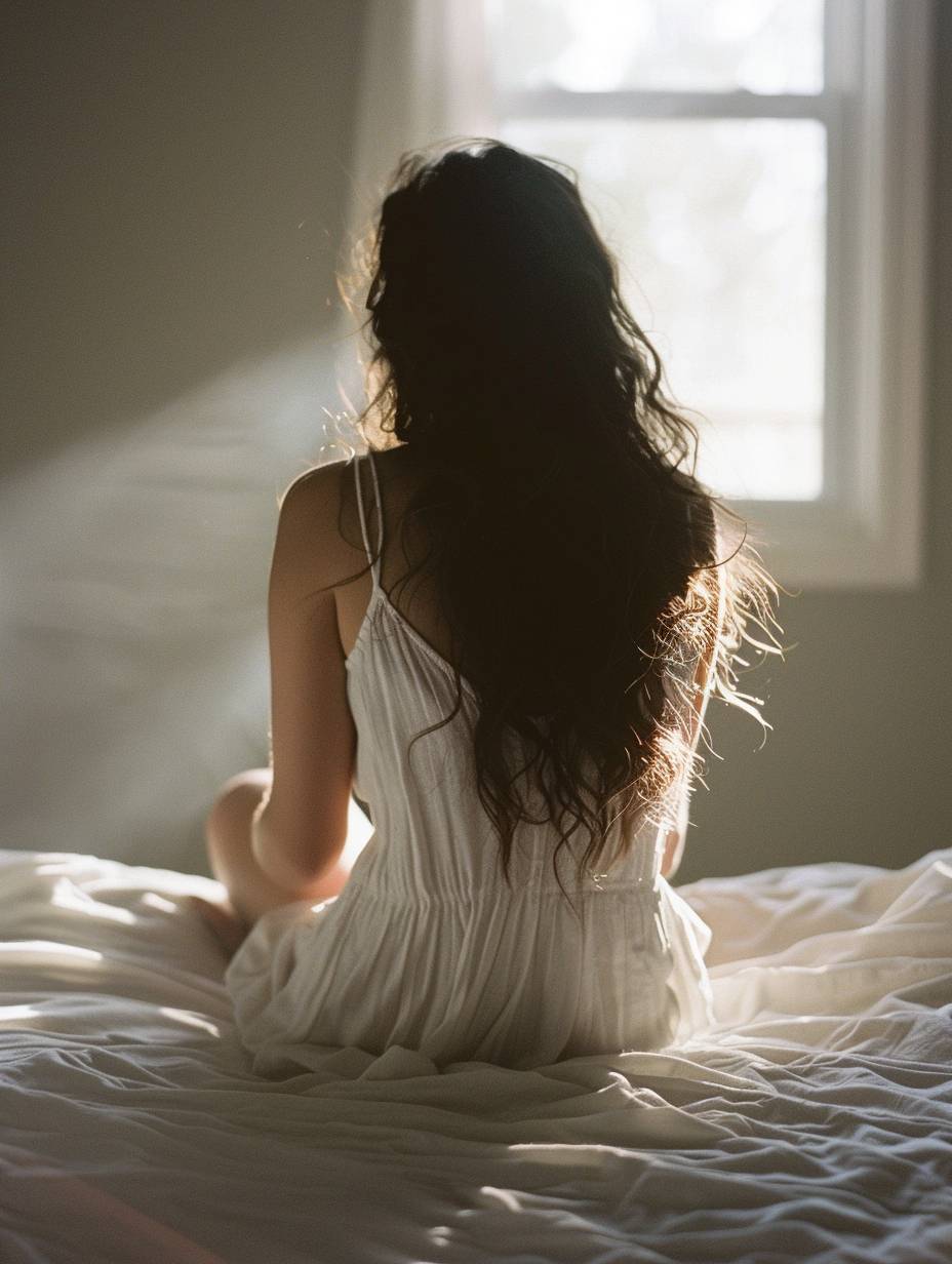 Photo of a woman with her back to the camera, sitting on the edge of the bed, she has long dark hair, wearing a white linen dress, shot from behind, with small window light shining through, soft film photography.