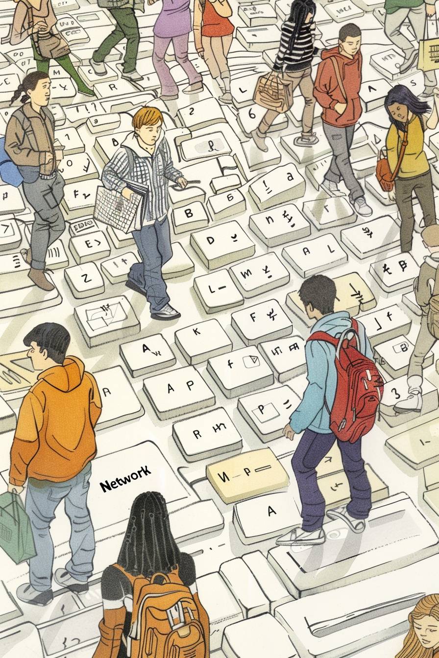 In the book 'The Network Era', there is an illustration of people living in a world made entirely of giant computer keyboard keys, and on each key, several young men hold shopping bags while talking to their female partners. The title text reads 'BACKUP morphing into AI.' There is also another drawing with numerous women holding dog collars, adding some romance. All images have been created using handdrawn techniques such as marker drawings or oil paintings in the style of various Artists.