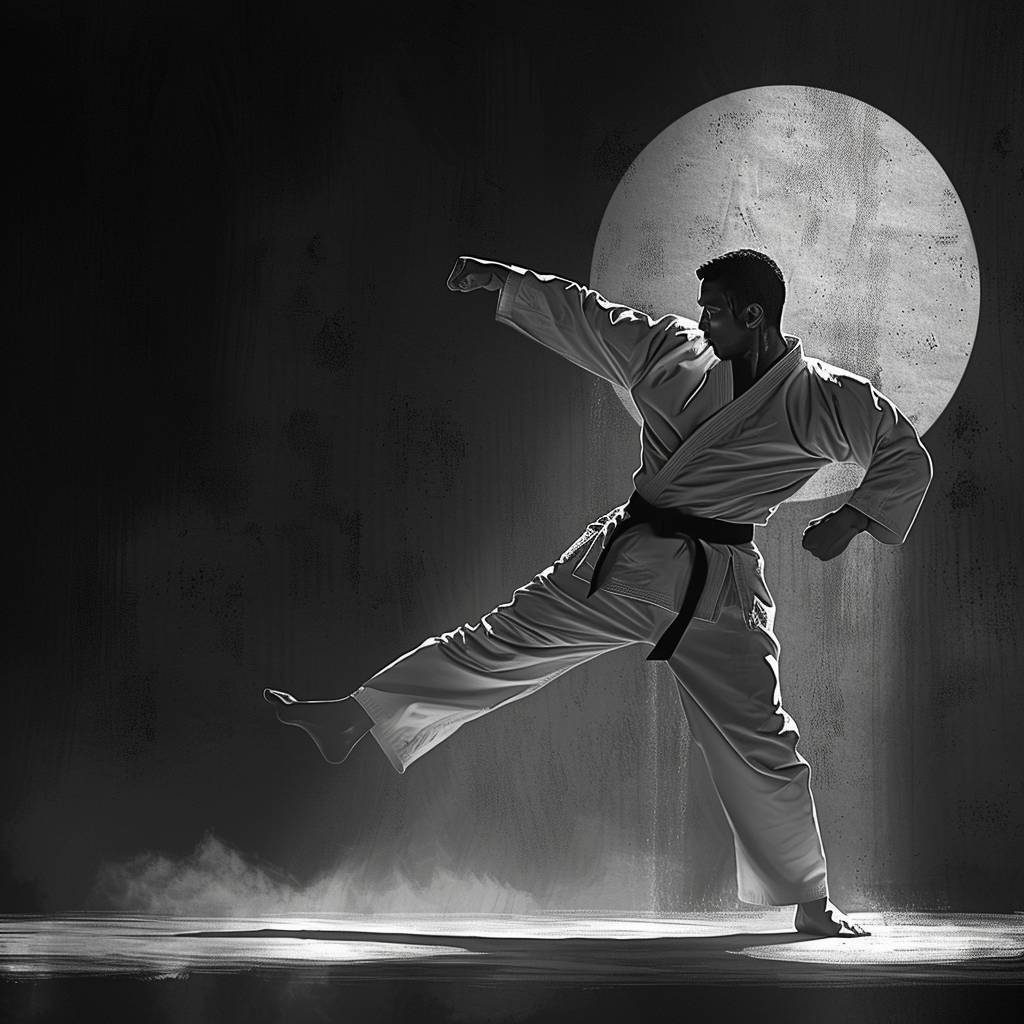 A black and white photorealistic martial artist performing a high kick, comic book art with pencil outlines, chiaroscuro portraitures, 2D game illustrations, hyperrealism, high contrast, wide shot, full body, deep focus, monochrome, digital painting, cinematic lighting, octane render.