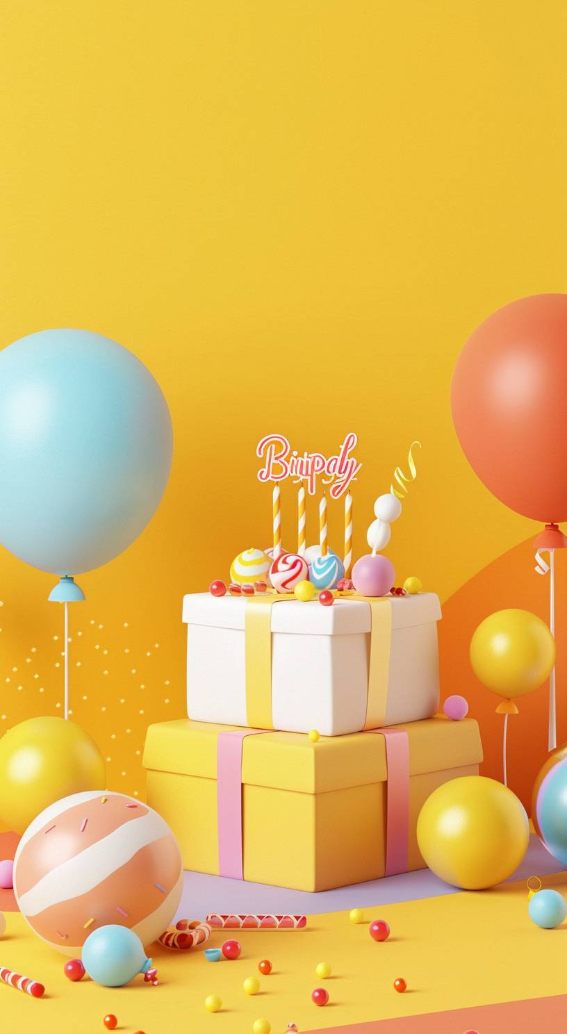 3D graphic design, simple birthday elements, colorful background, bright yellow