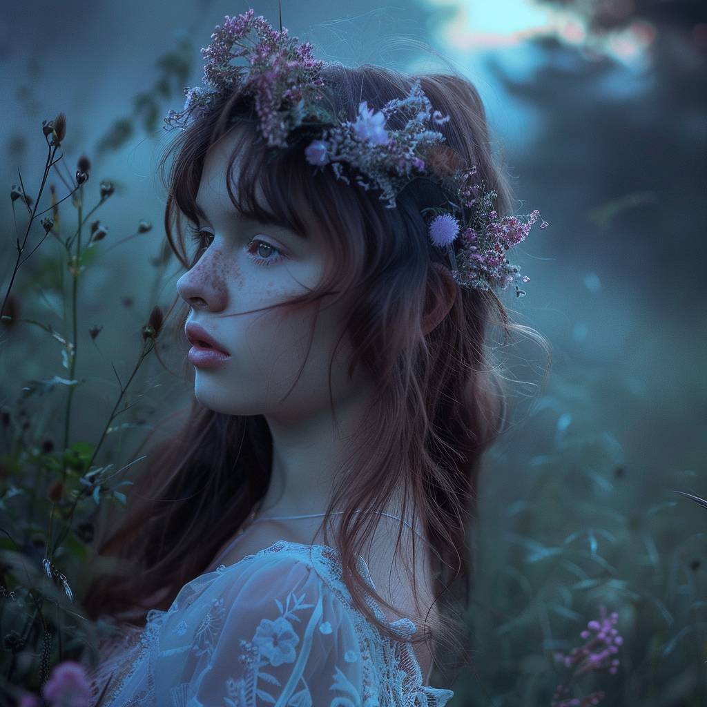 Portrait photography, a teenage girl with flowers in her hair, standing in a forest glade, early dawn, magical light, captured from a close-up angle, dreamy mood, morning mist rising, soft light, soft colors, ethereal atmosphere.