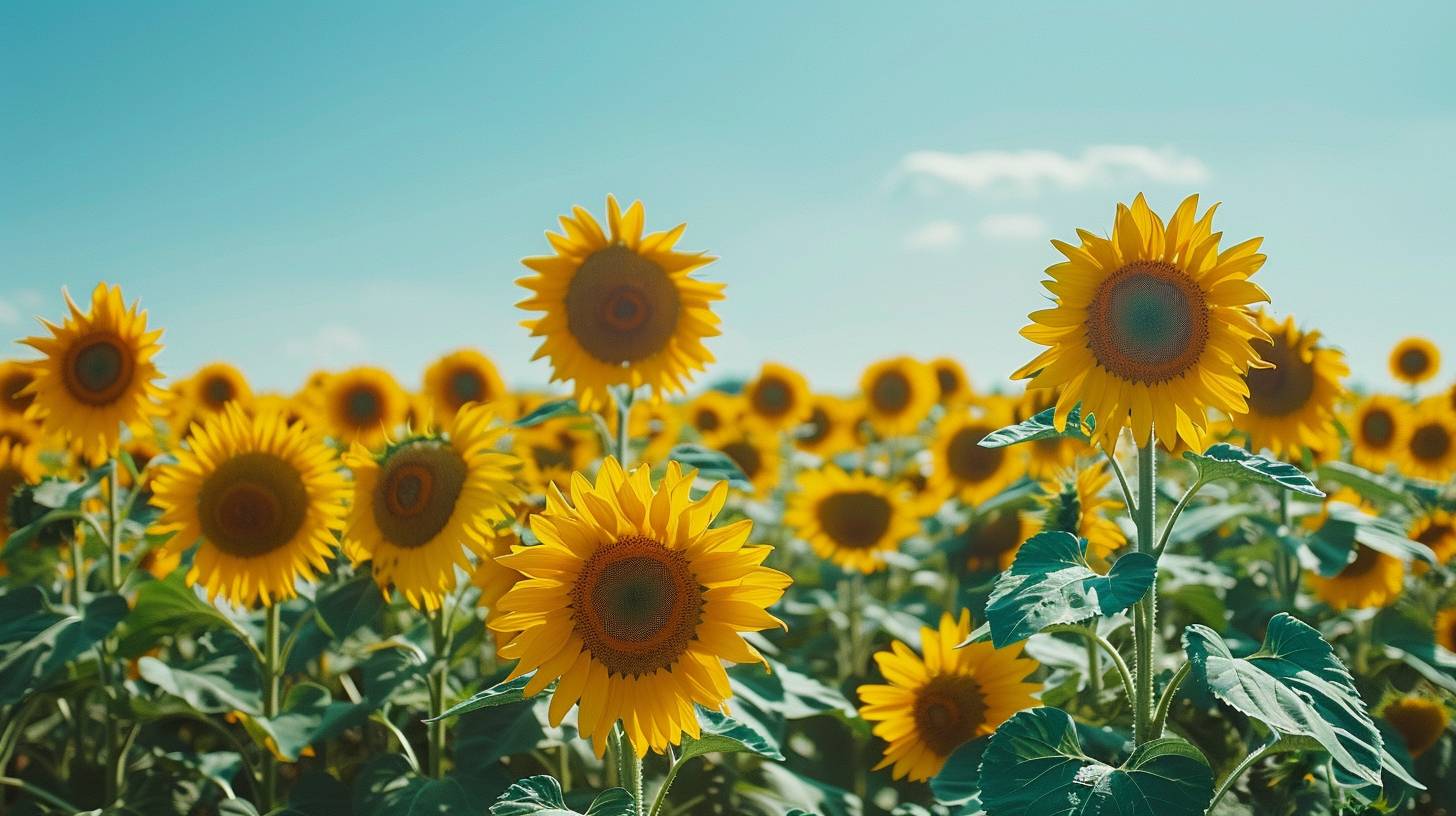 満開のひまわり畑、晴れた青空の下で明るい黄色の花々、広々としたコピー空間、陽気で明るい、高解像度