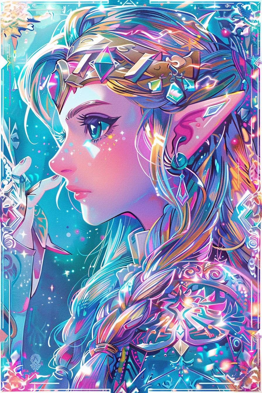 A holographic tarot card featuring the Tears of the Kingdom version of Princess Zelda --chaos 4 --ar 2:3 --personalize j9g24rr --stylize 250  --v 6.0