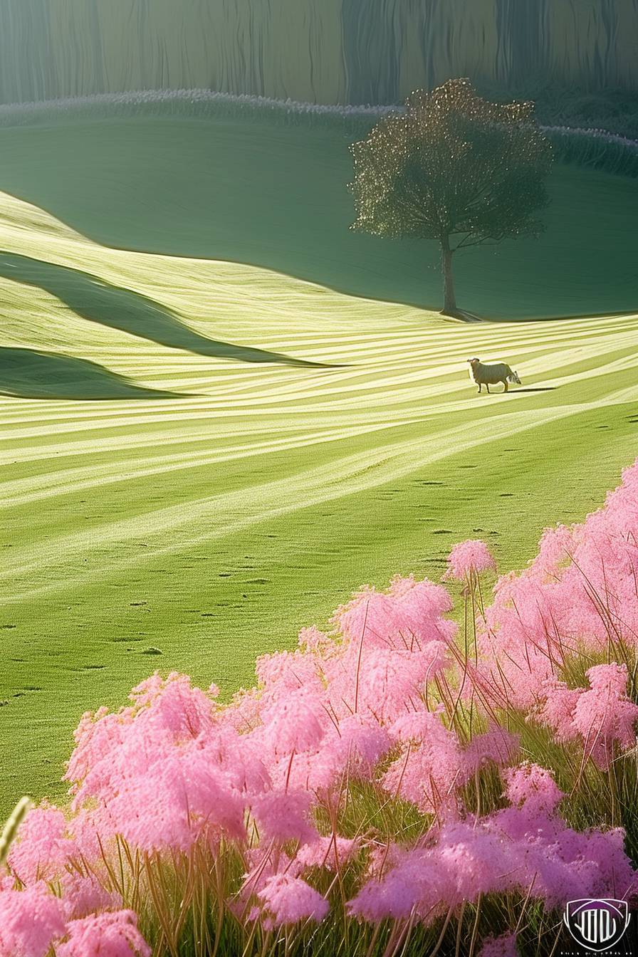 A sheep in the distance on grass, areal view, photorealistic landscapes, minimalist backgrounds, striped arrangements, precise lines, linear perspective, shadows and dappled light in the style of various artists.
