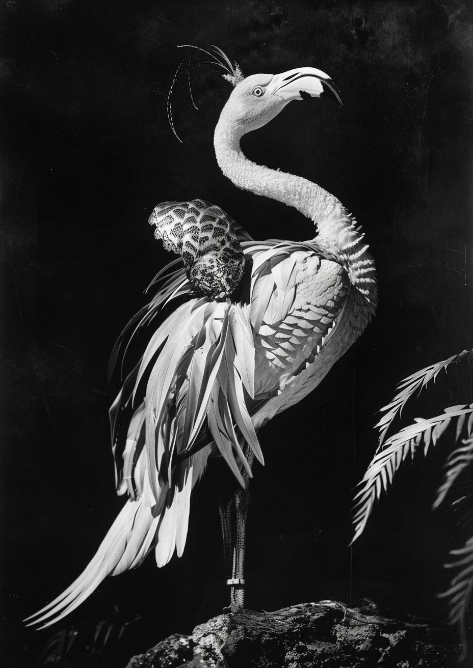 Fashion photograph by Man Ray, surreal flamingo couture designed by Schiaparelli in the 1930s