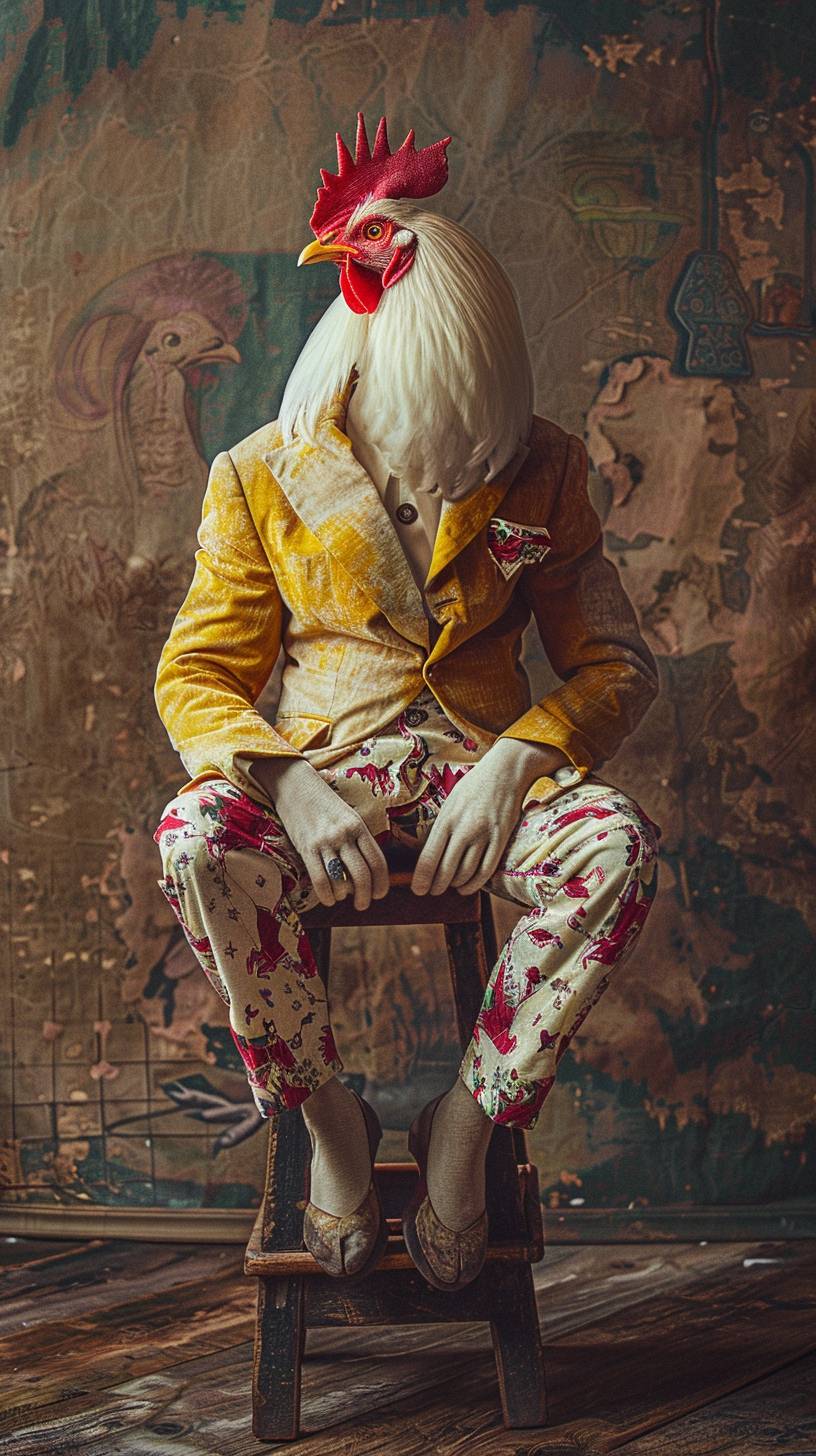 Create an image of an anthropomorphic expressionistic chicken, seated in a vintage urban setting, dressed in a stylish yellow jacket and printed pants, exuding a cool, relaxed vibe. The chicken should be portrayed with a regal and contemplative expression, sitting on a rustic wooden stool. The background should be a dimly lit room with textured walls and eclectic art decor, including a faded mural. The overall mood should be edgy and artistically urban, blending classic and contemporary styles.