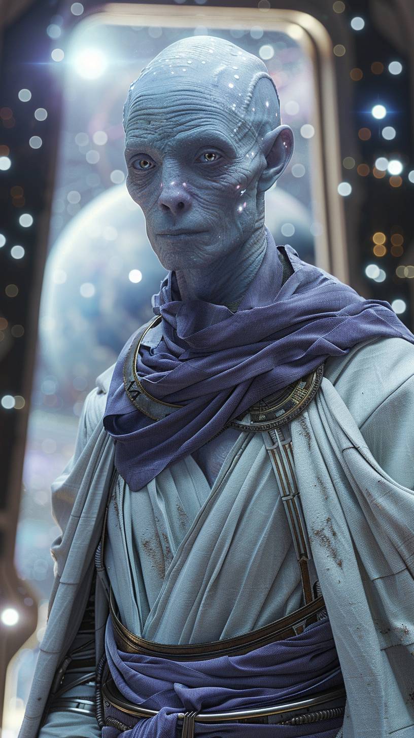 A light blue humanoid with soft skin and no ears, dressed in an elegant light gray and purple toga. He has large light almond eyes that shine softly against his pale complexion. His bald head with a stylized body and high neck. The background shows stars in space. In a cartoon realism style.