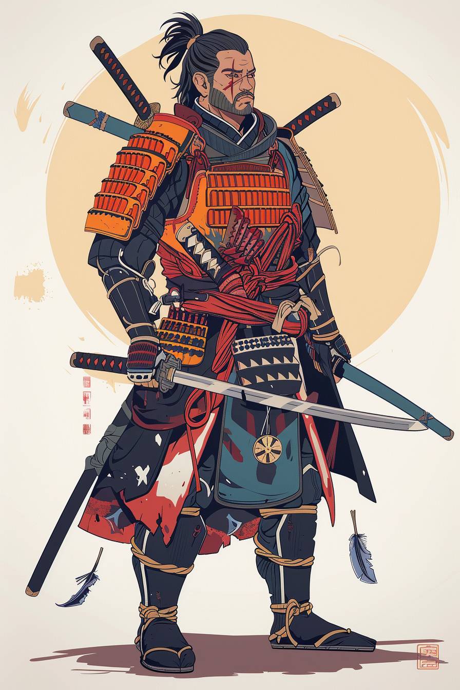 In the style of Kunisada, warrior character, full body, flat color illustration