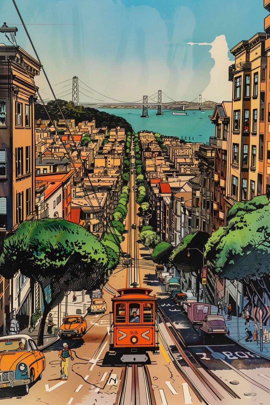 Beautiful San Francisco, illustrated by Hergé, style of Tin Tin comics, pen and ink, beautiful colors, attention to detail