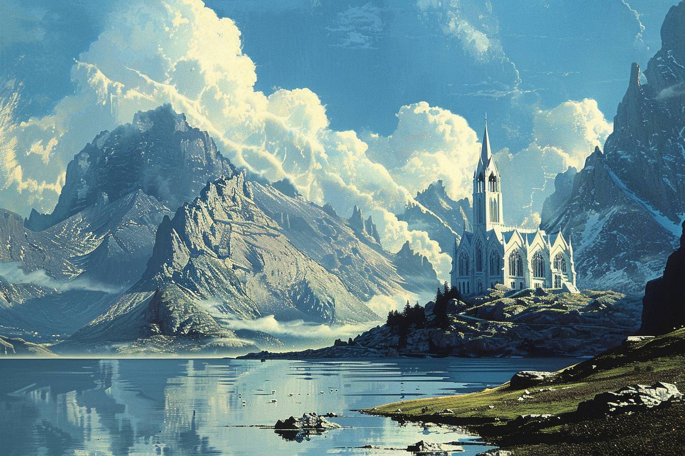 In the style of Peter Elson, stunning natural landscape, church