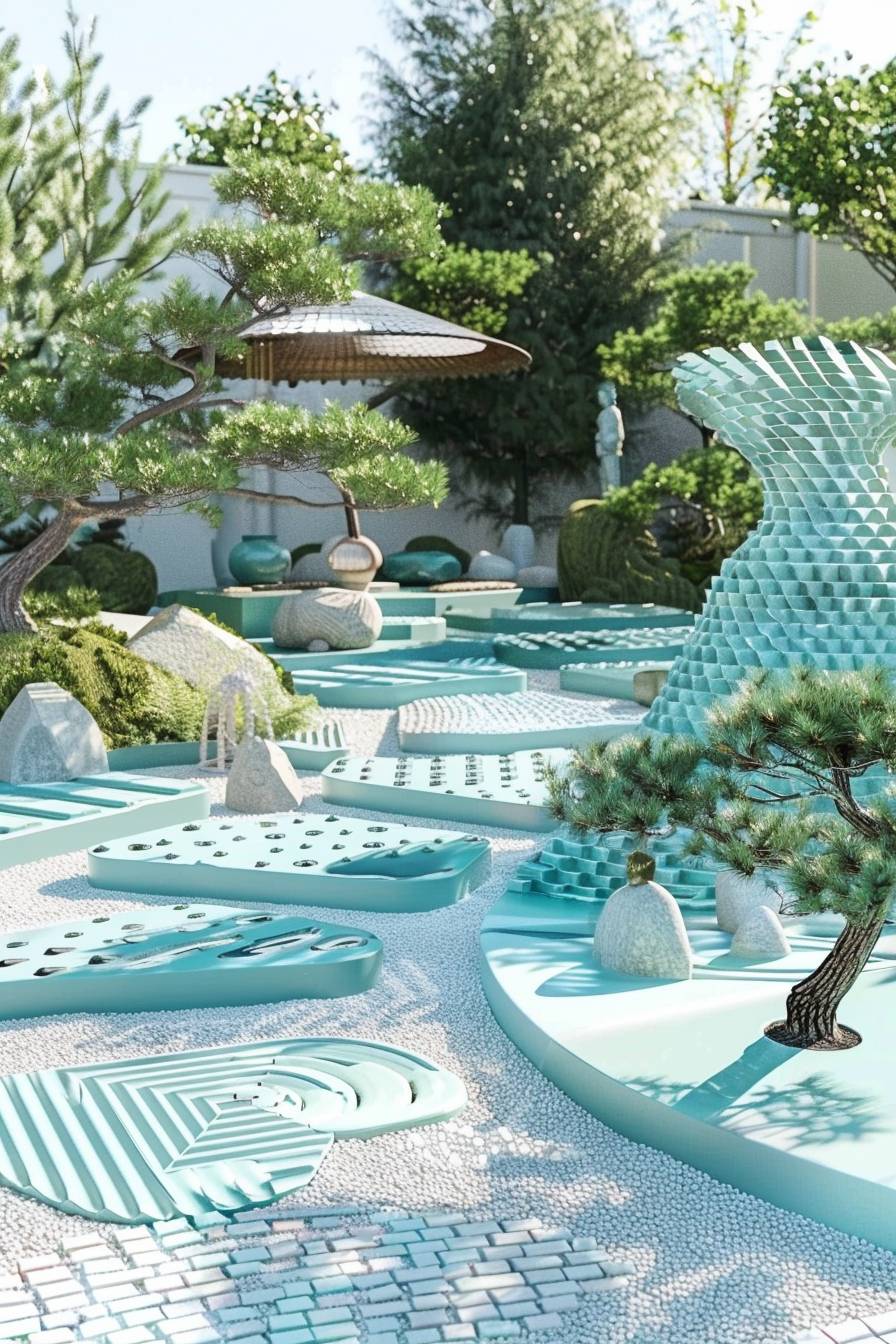 整然と整備された砂利模様、盆栽の木、伝統的な茶室が配置された平和な禅の庭園、優しい日差しが静かな光景を作り出す