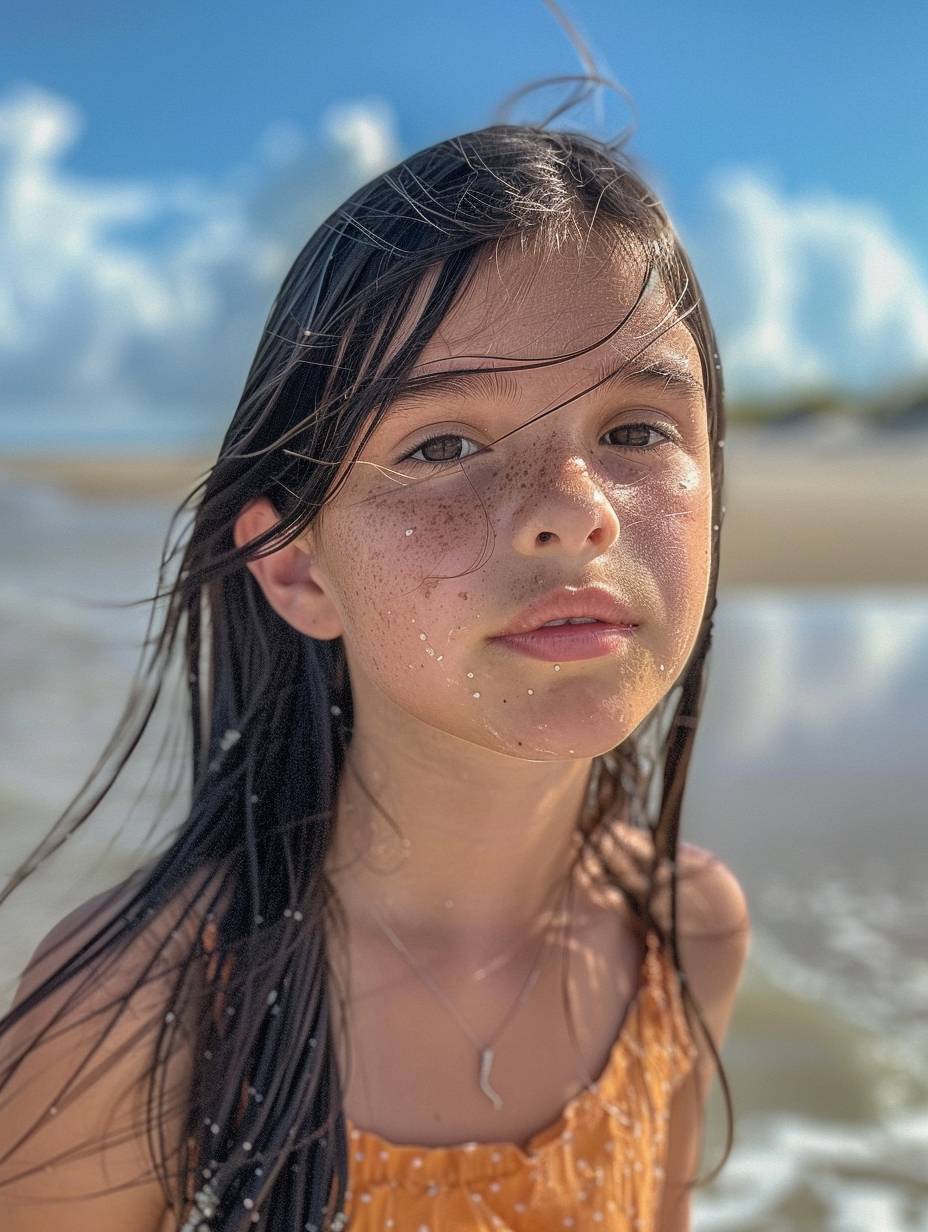Photos from a Canon D085 camera of an 11-year-old girl with long black hair as long as her ears and brown eyes, taken on the beach in the summer