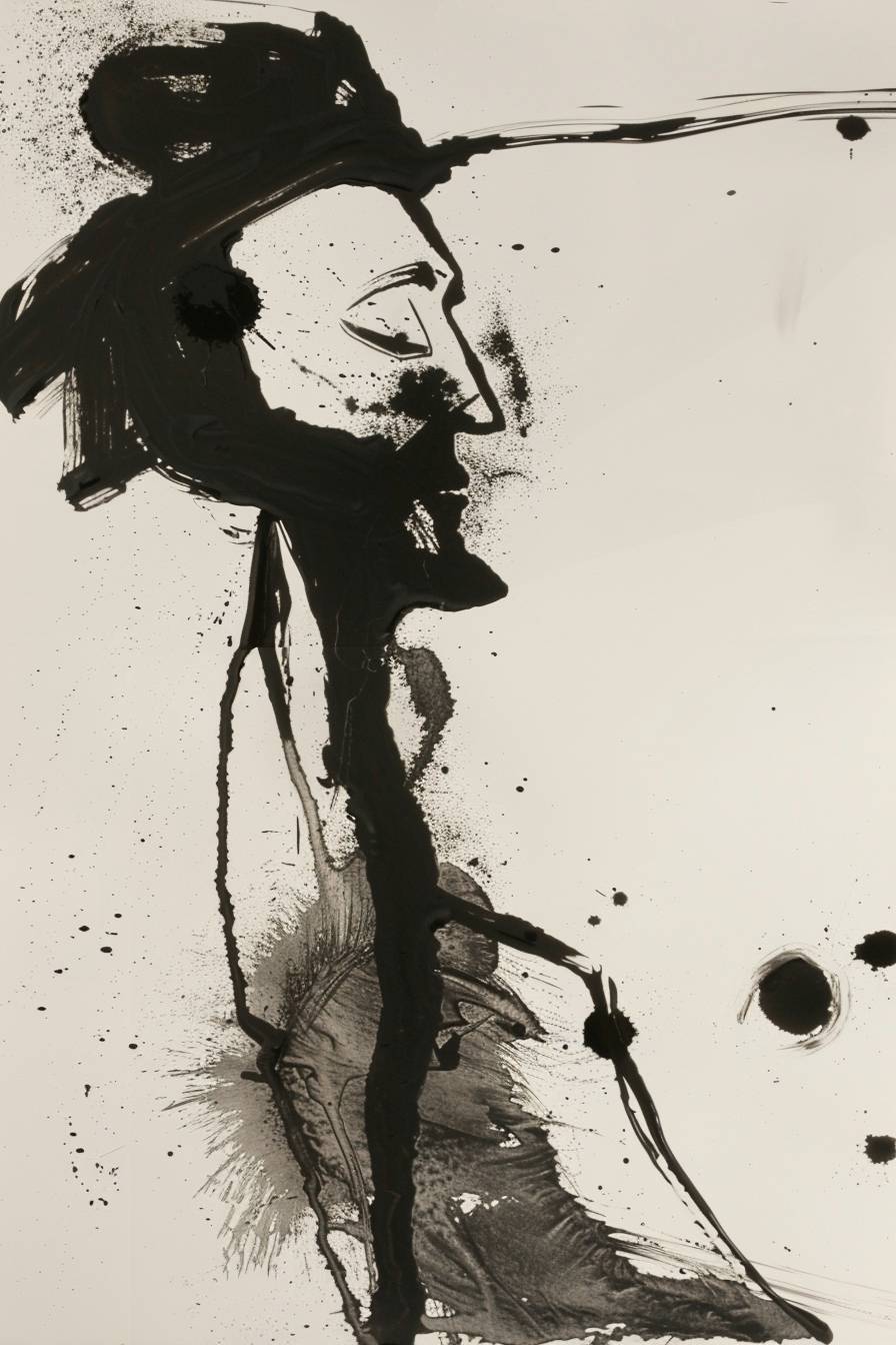 In style of Helen Frankenthaler, character, ink art, side view