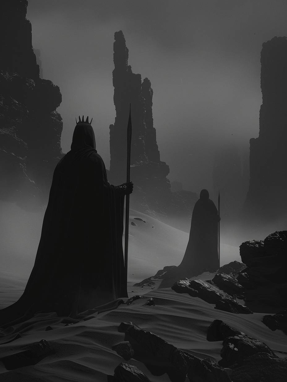 Epic scene, art presents a haunting figure, a woman with a crown and a spear, partially shrouded in darkness. The grayscale tones and the foggy background create a mysterious and eerie scene, Gothic, Dark Fantasy, by Zdzisław Beksiński and Joel-Peter Witkin, movie poster, extremely detailed, hyper resolution, cinematic volumetric lighting.