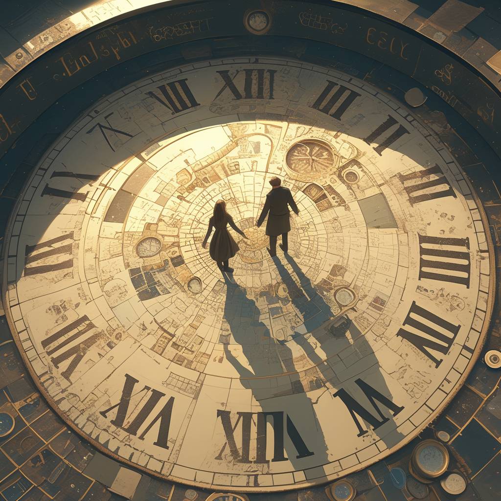 A whimsical illustration of two lovers walking along the spiral clockface, with each step representing different time, beige and light purple, vintage-inspired designs, tattered silhouette against an intricate background of swirling clocks and hourglasses, symbolizing growth through past wisdom, Unreal Engine 5, 3D rendering