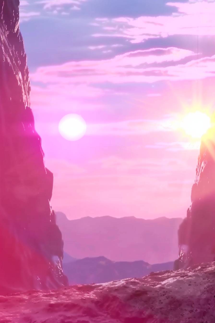 An alien landscape with strange rock formations, with two suns setting in the sky