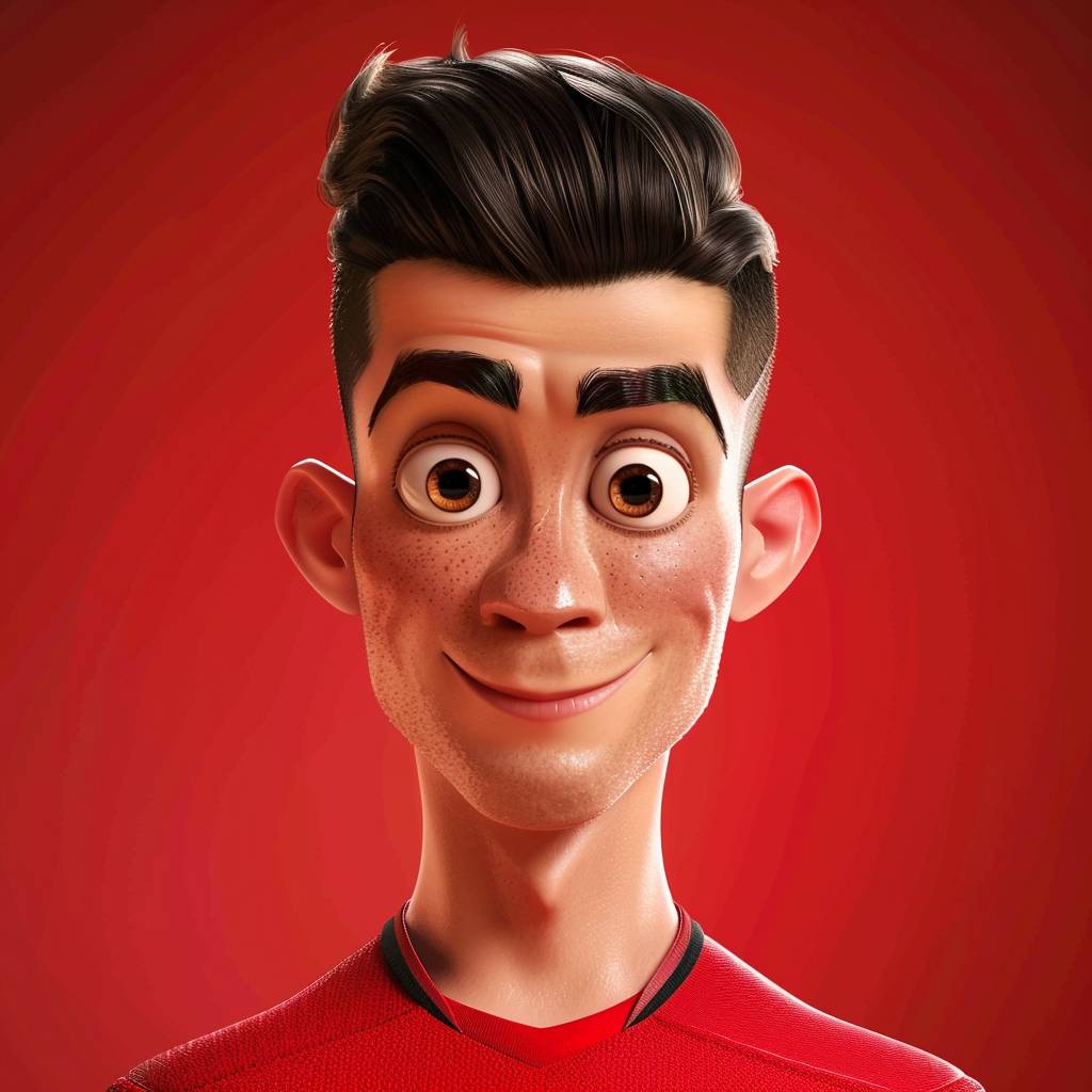 Cristiano Ronaldo, front, wearing football jersey, 3D Pixar and Disney style, simple clean background