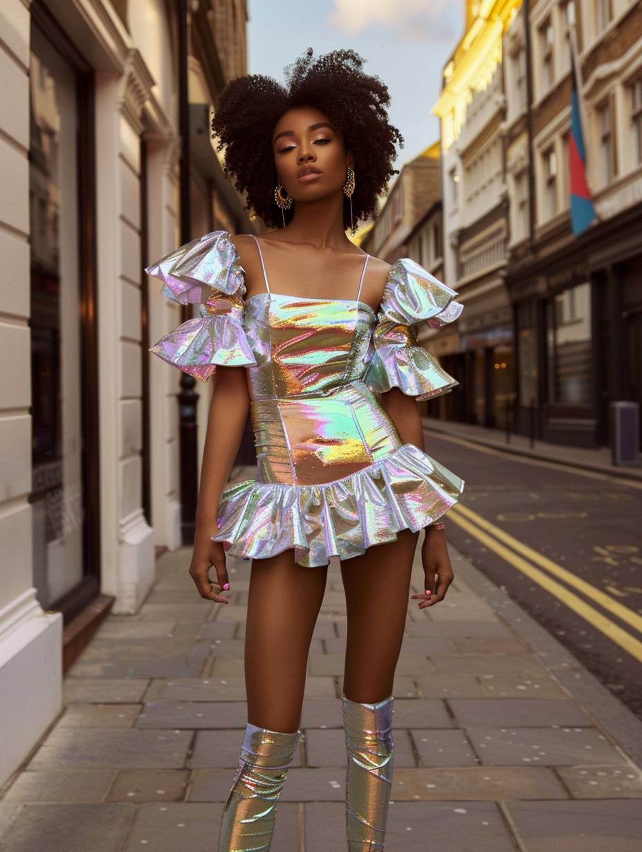 Cute, young, woman in a shiny iridescent pastel mini dress with puffy sleeves and a ruffled short skirt on the streets, curly look