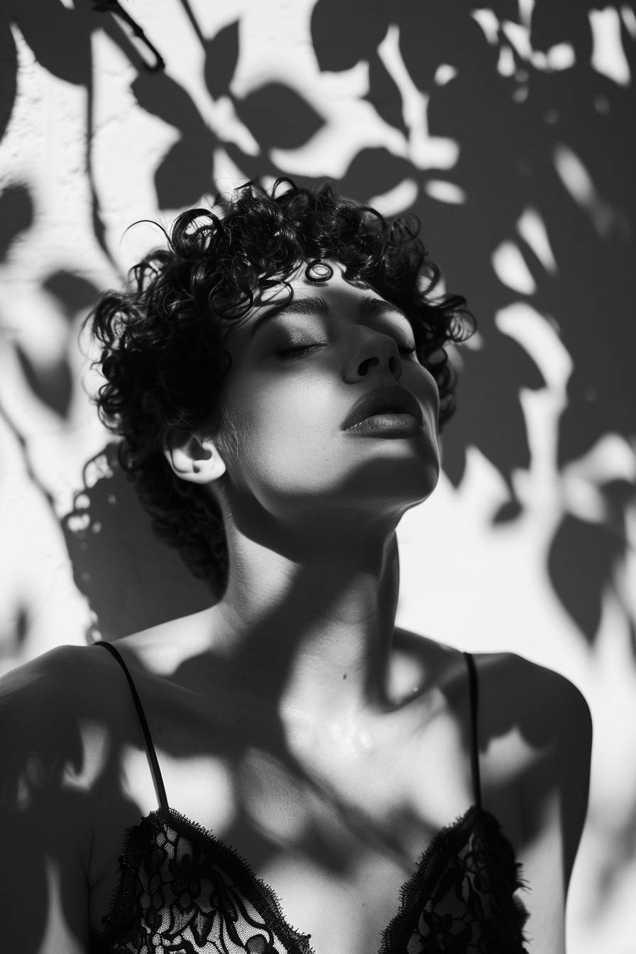 Modern minimal fashion photo portrait in black and white, sunlight and shadow on the face of a beautiful woman model with short curly hair, she is meditating and looking up to the sky while wearing a lace dress. Tree branch shadows fall on her, creating a dynamic pose.