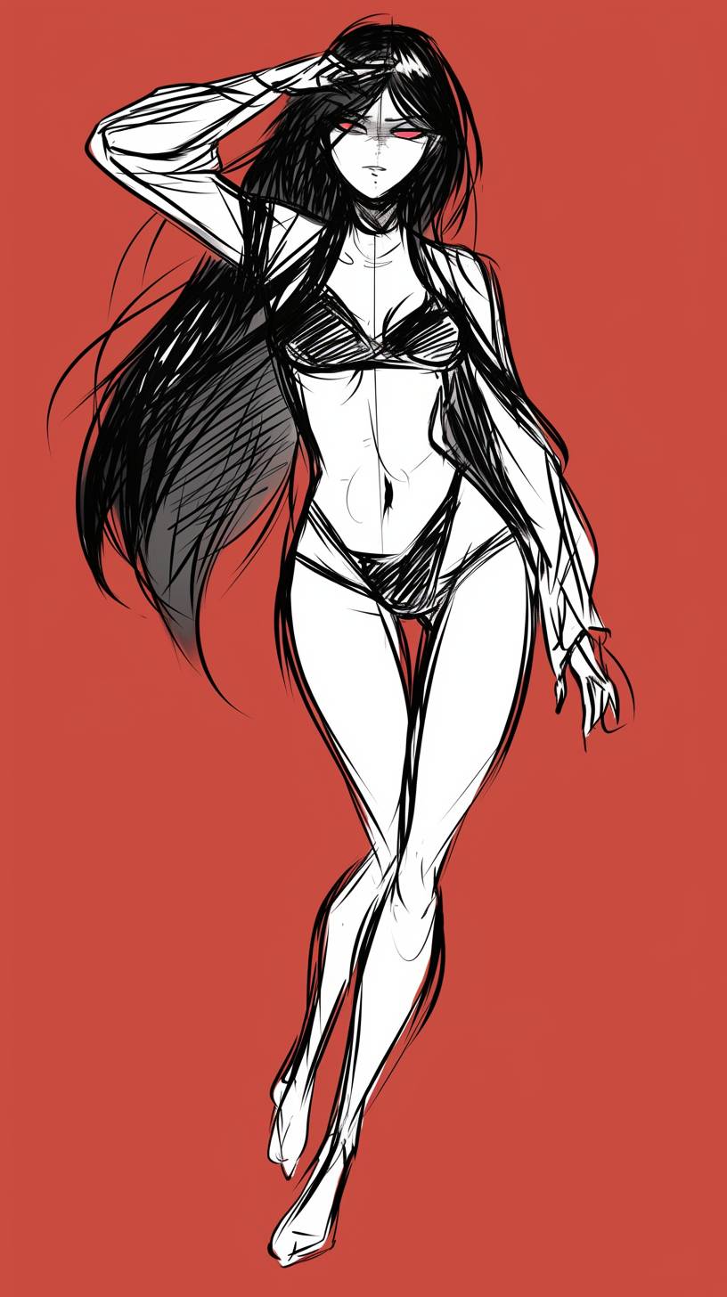 A simple drawing of Vampirella in the style of Allie Brosh with simple lines, flat colors, stick figure, minimalistic, simple background