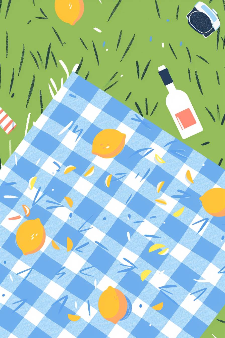 Illustration in a flat vector style without details and simple shapes of a blue and white picnic tablecloth with a gingham pattern, laid on grass. On the tablecloth are 5 lemons, 1 bottle of white wine and a camera, close up, sunny weather, super sunshine