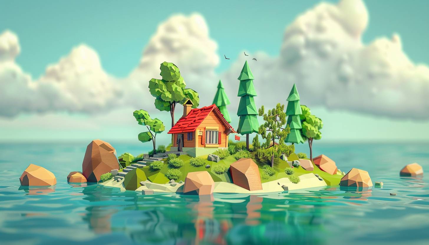 Small simple 3D island game with a small house, cute art style, simplistic, low poly, whimsical elements, Ghibli art style, inspired by games like A Short Hike and Firewatch, isometric view
