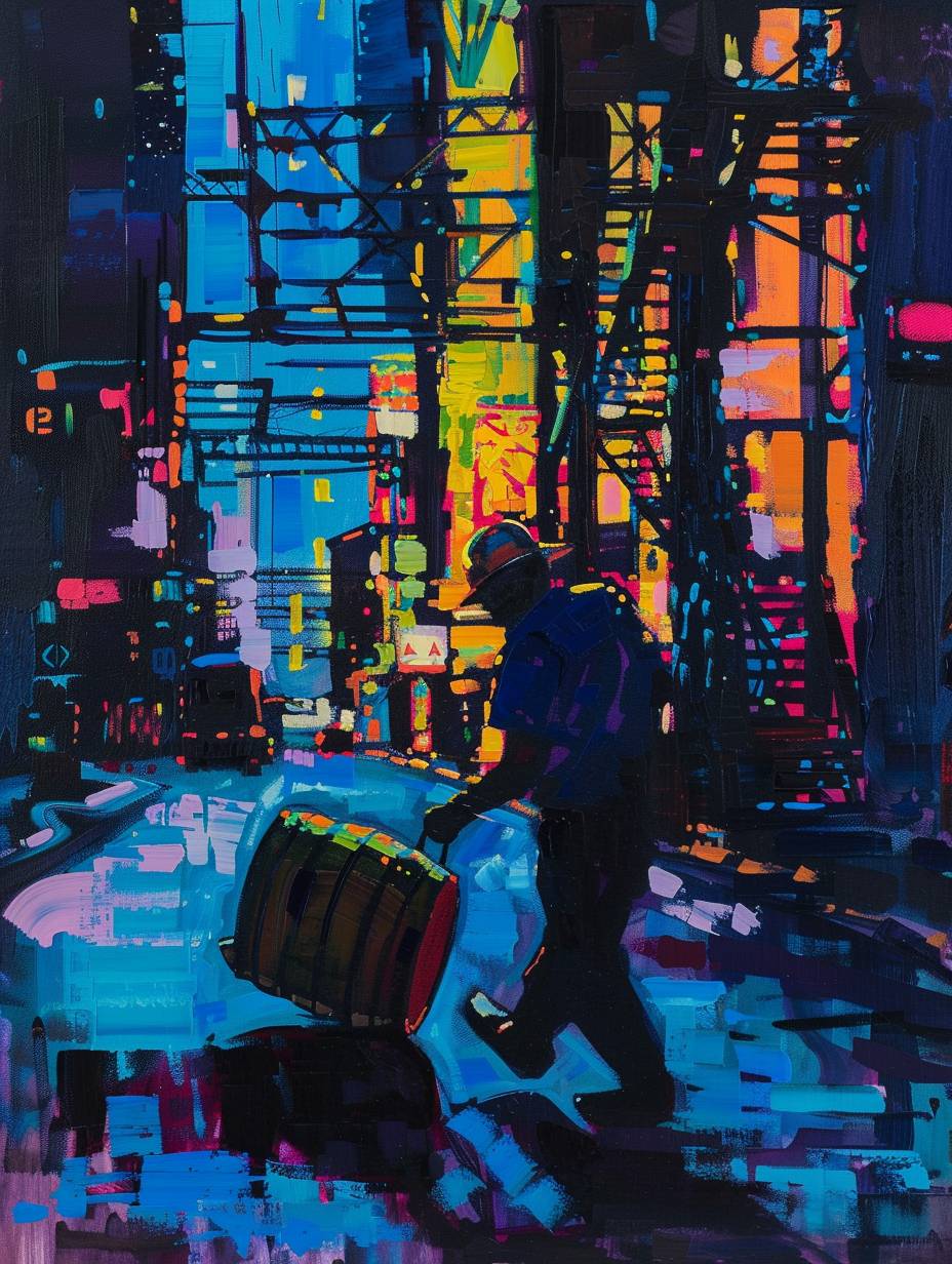 Painting of ghost construction worker pushing a barrel of neon bricks, Miniature scale