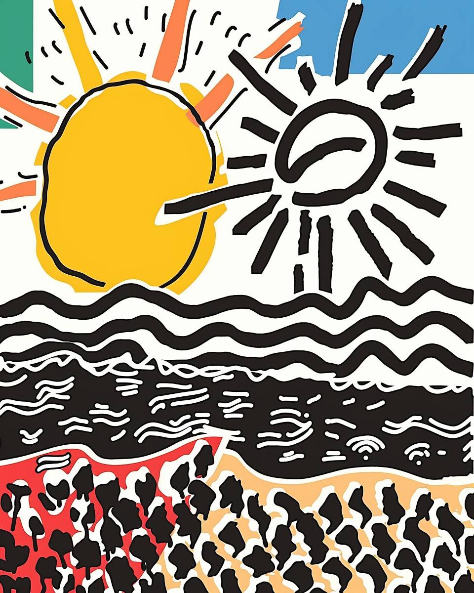 Keith Haring style poster about summer and sunrise, summer colors, vintage --ar 4:5 --style raw --stylize 0  --v 6.0