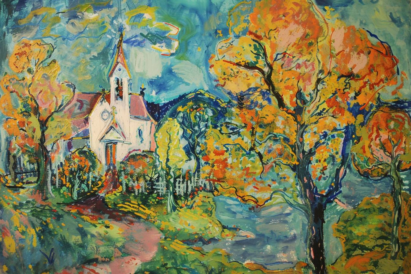 Stunning natural landscape, church in the style of Beauford Delaney
