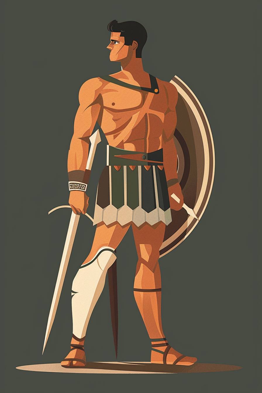 In style of Patrick Caulfield, warrior character, full body, flat color illustration