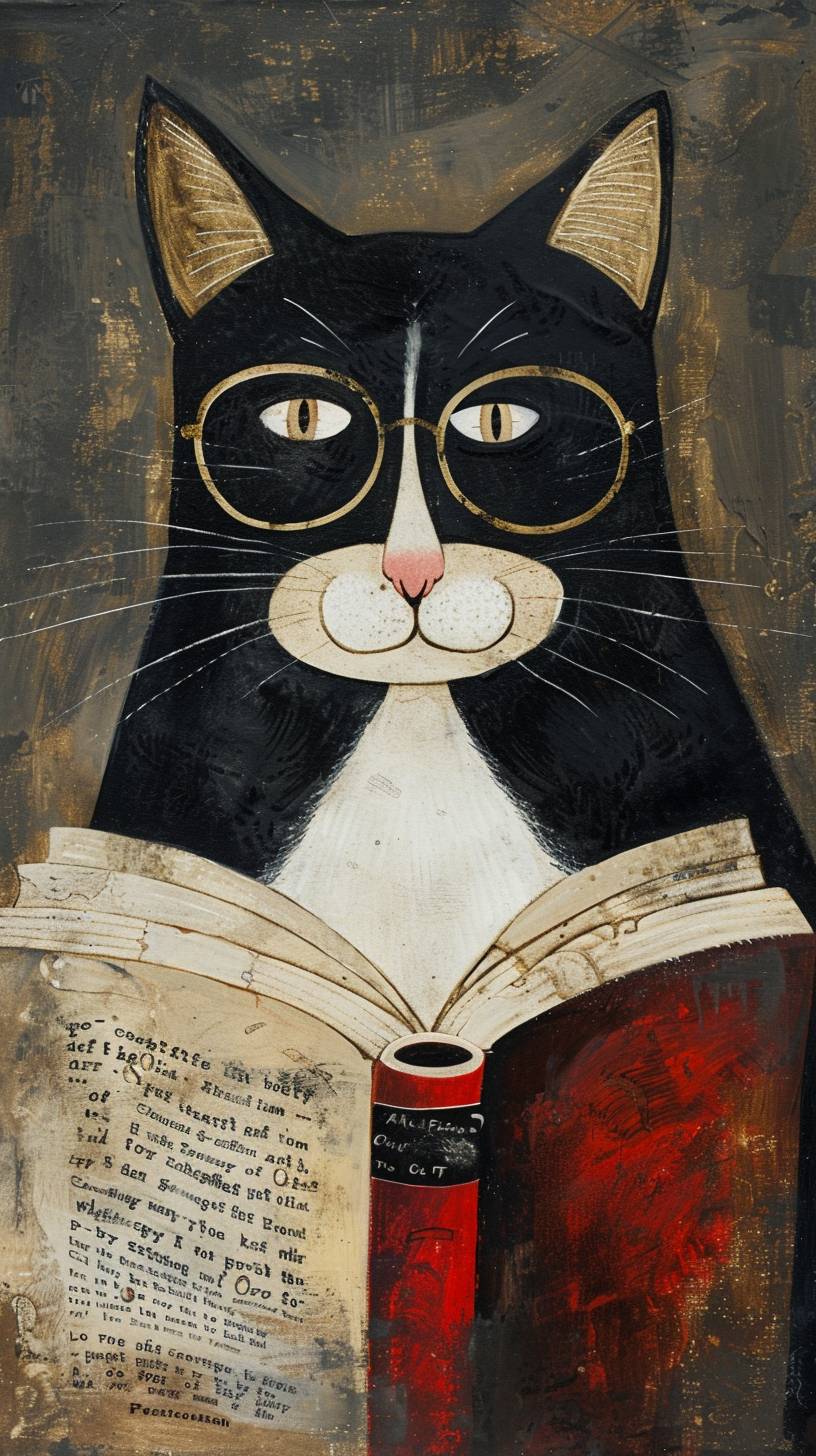 Painting by Mary Fedden depicting librarian-cat in glasses