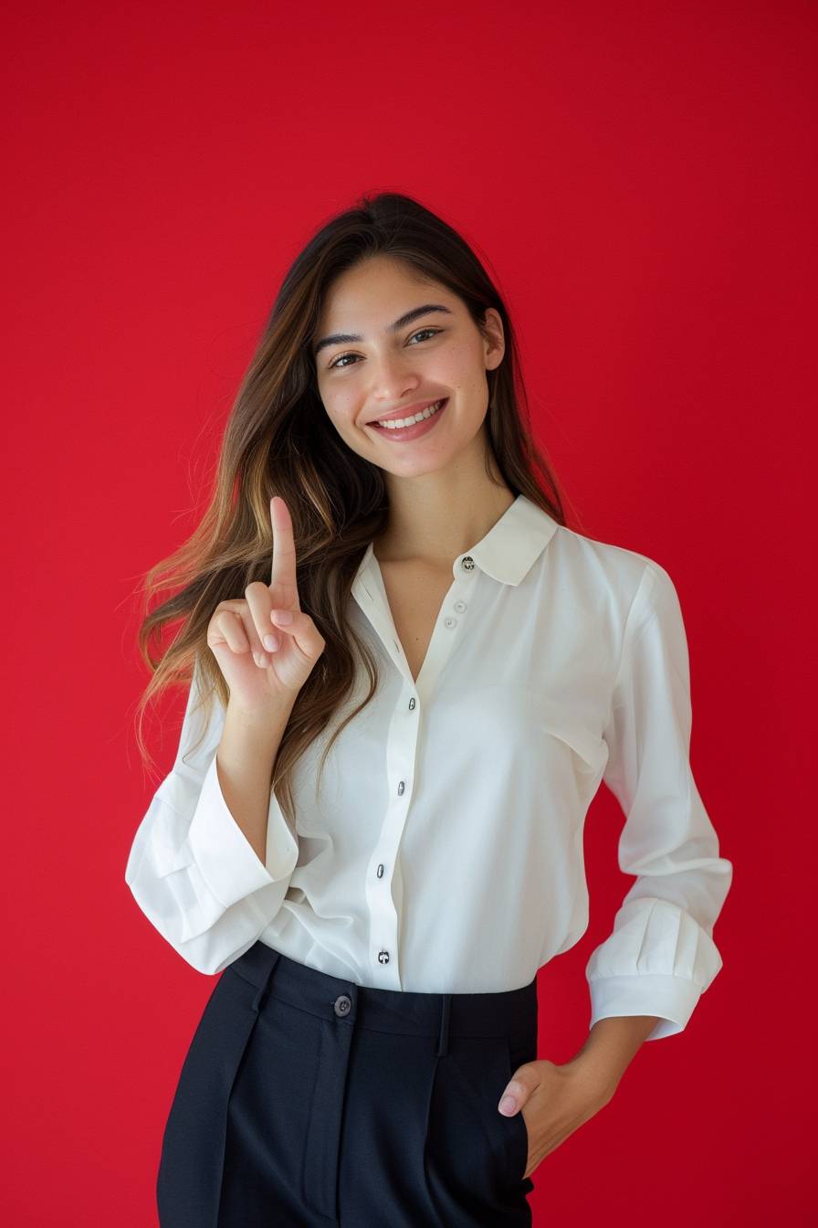 Portrait of a smiling businesswoman standing pointing to the right isolated on a red background, looking at the camera, wearing a white blouse and black trousers. In the style of a stock photo with space for text above.