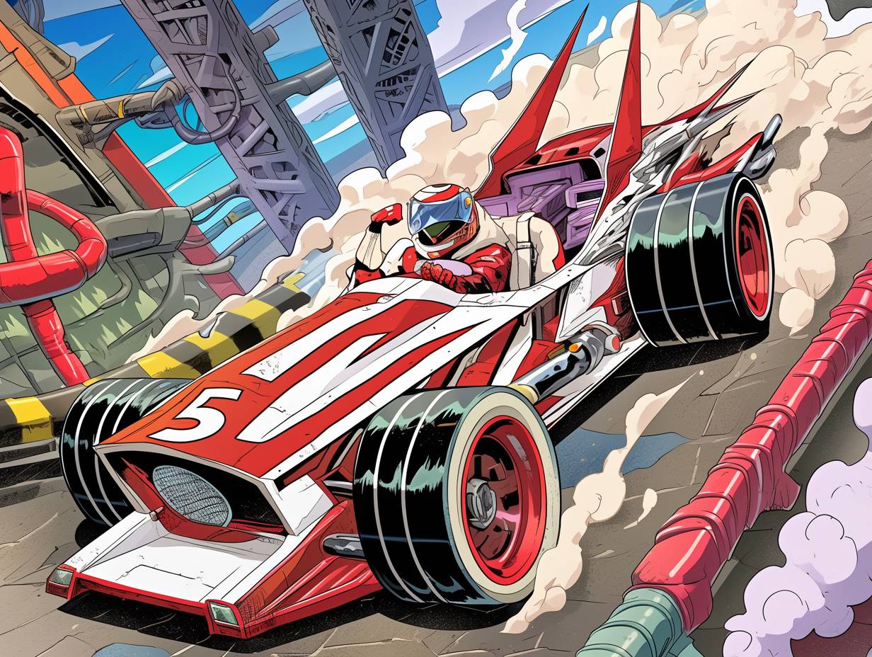 Cartoon drawing of a race car from the anime Speed Racer with the number 5 on the hood, depicted in detailed manga style, with comic book-style coloring and line art.