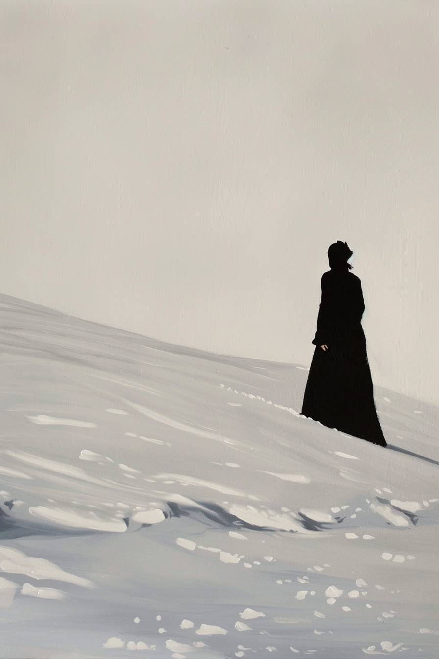 Very minimal art, woman in the snow, Roseanne Kenny, painted