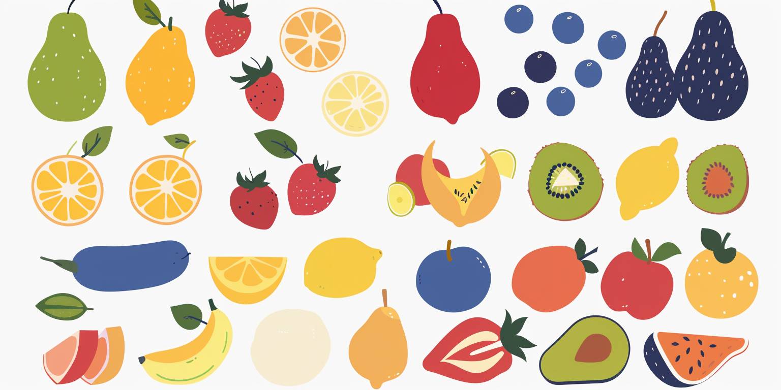 Vector graphic of various fruits, white background with blue highlights, simple flat design, no shadows, vector art style, simple shapes, no gradients, simple color scheme